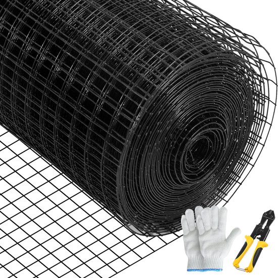 VEVOR 1,22 X 15,2 M Volièredraad , 16 Gauge ,Coating Galvaniseren En Zwart Vinyl Gauge Draad Met Snijtang En Een Paar Stoffen Handschoenen Voor Tuinhekken En Huisdierverblijven