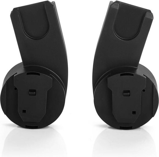 Twee zwarte autostoel adapters met ronde basis en U-vormige bovenkant.