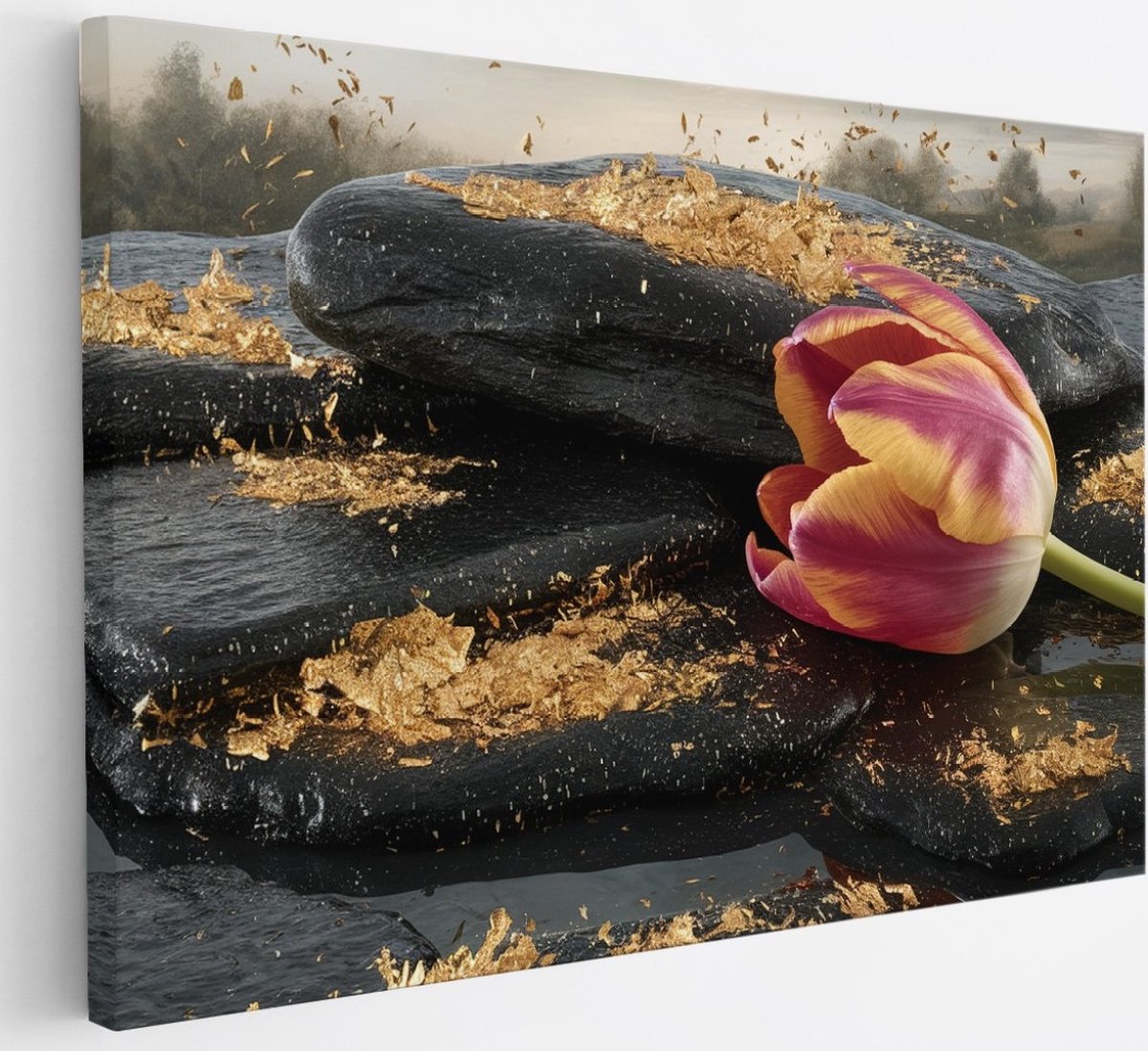 Saammp Canvas Schilderij - Tulp op Steen - Rust - Abstract - 30x20 - Foto op canvas - Wanddecoratie - Muurdecoratie Woonkamer - Kantoor Decoratie Multicolor