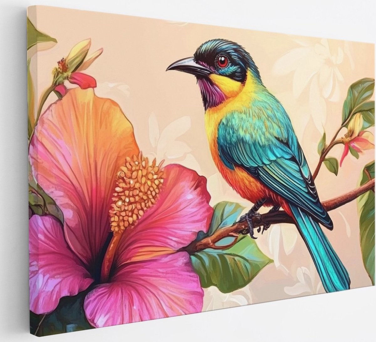 Saammp Canvas Schilderij - Vogel op tak met bloem - Natuur - Abstract - 30x20 - Foto op canvas - Wanddecoratie - Muurdecoratie Woonkamer - Woonkamer Decoratie Multicolor