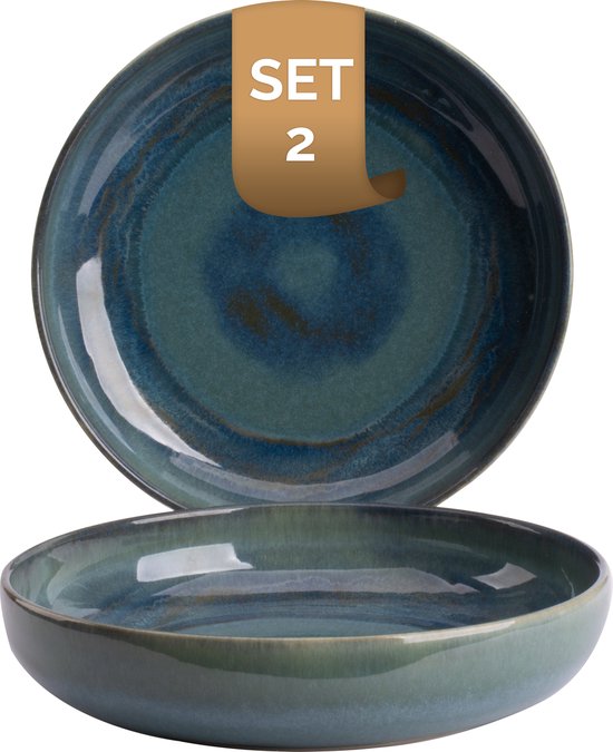 Palmer - Miami - Bord diep - Pastabord - 2 stuks - ø 22 cm - Groen/Turquoise - Stoneware - Bordenset