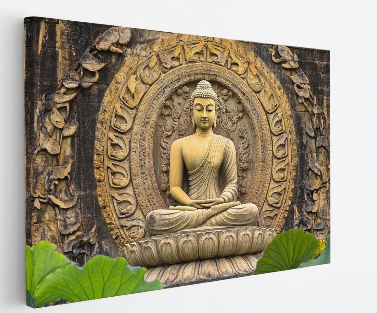 Saammp Canvas Schilderij - Boeddha - Bladeren - 60x40 - Foto op canvas - Wanddecoratie - Muurdecoratie Woonkamer - Canvas schilderijen Multicolor