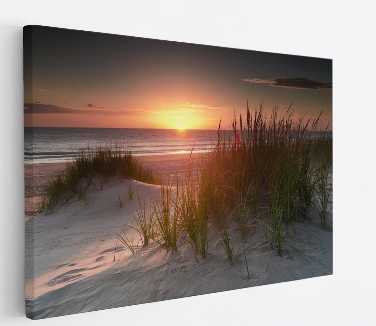 Saammp Canvas Schilderij - Zonsondergang - hoog gras - Strand en Zee - Duinen - 100x75 - Foto op canvas - Wanddecoratie - muurdecoratie Woonkamer - Slaapkamer decoratie - Canvas Print Multicolor
