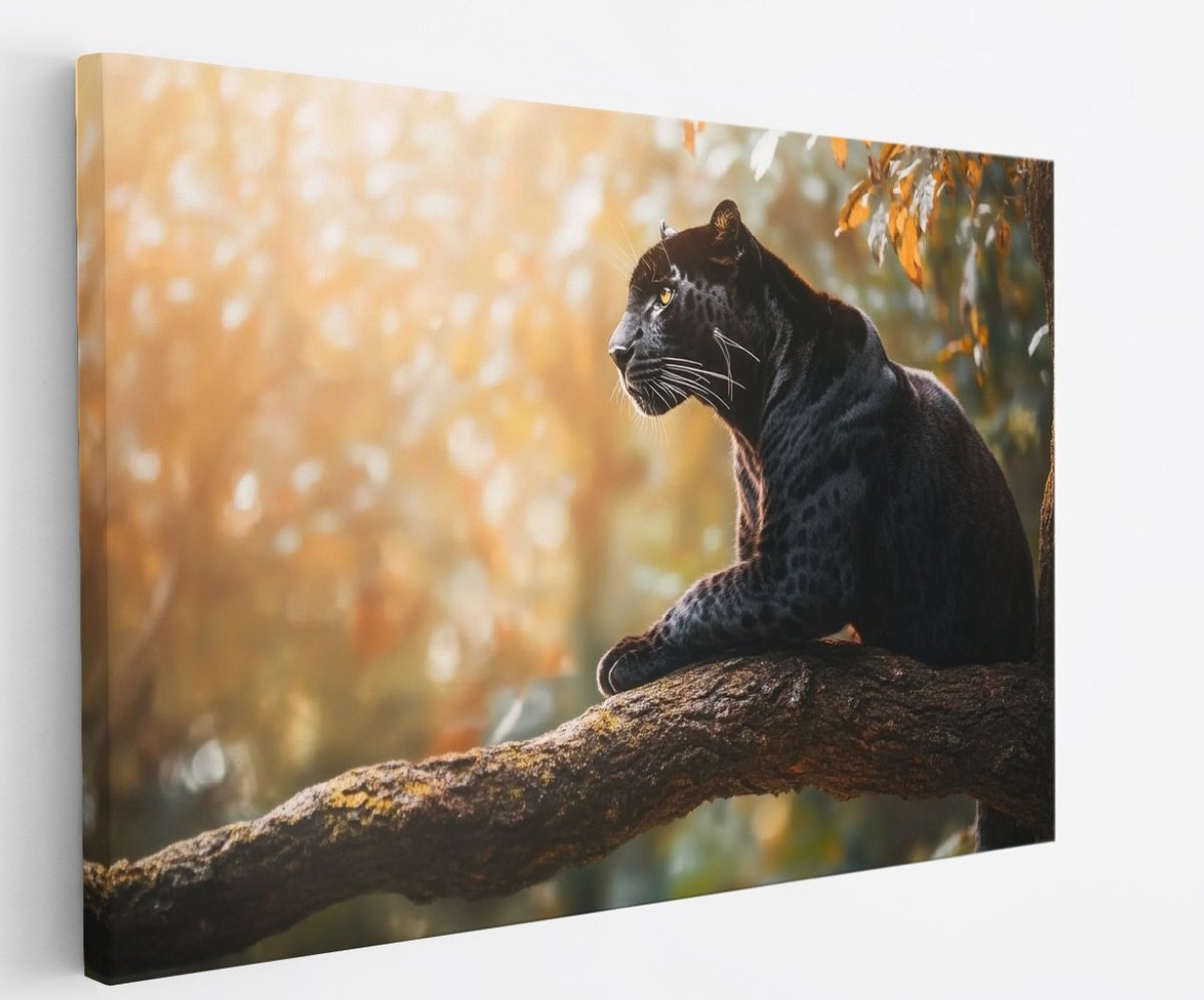 Saammp Canvas Schilderij - zwarte panter op boom - Natuur - Dieren - 120x80 - Foto op canvas - Wanddecoratie - Muurdecoratie Woonkamer - Slaapkamer decoratie - Canvas Print Multicolor