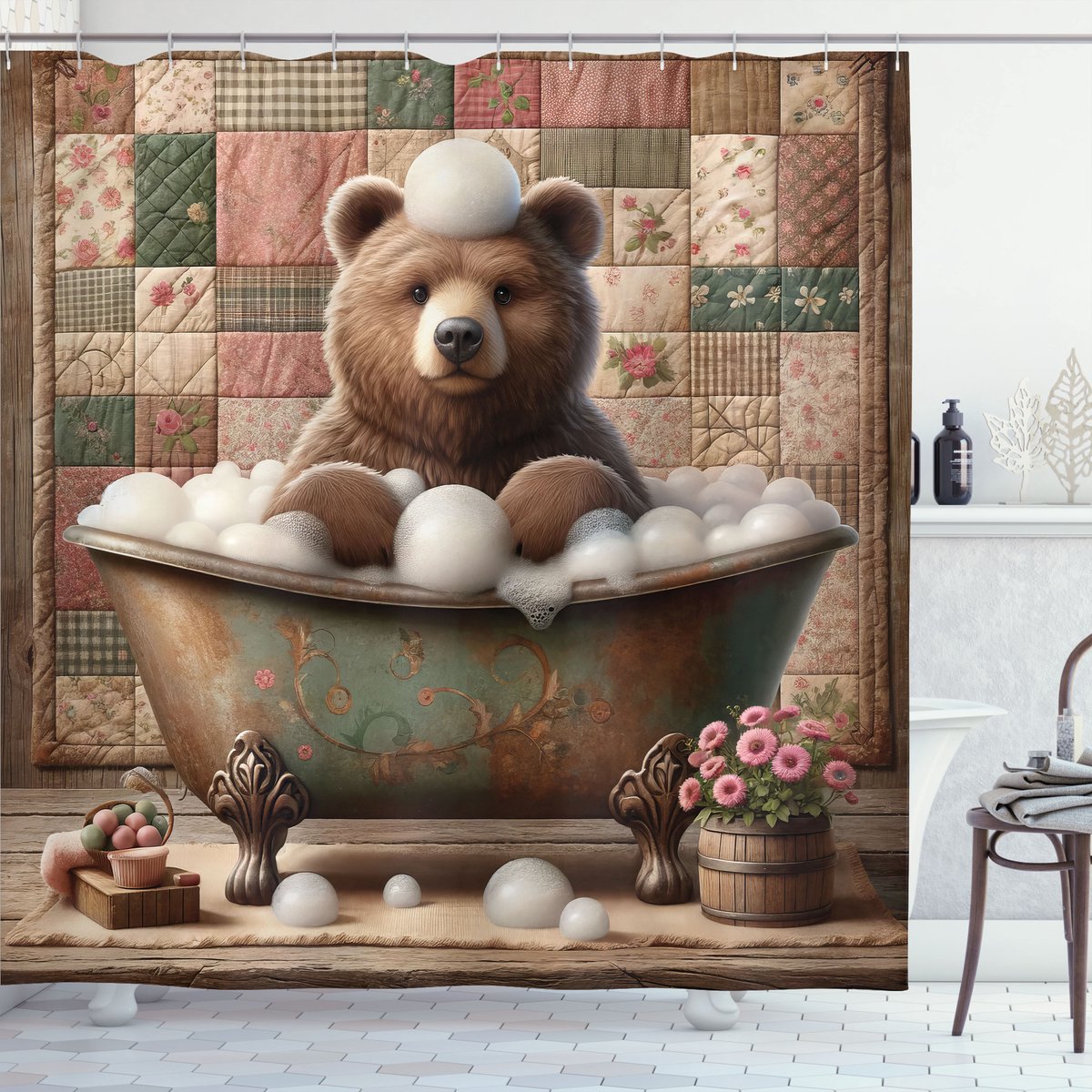 New Bed Rustiek Boerderij Grizzly Beer Bad Douchegordijn Badkamer Decor Set met Haakjes, 180 cm B x 200 cm L