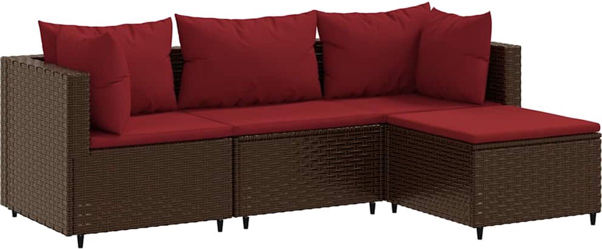 The Living Store 4-delige Loungeset met kussens poly rattan bruin - Loungebank - Lounge Set - Tuinset - Buis Meubel - Tuinlounge