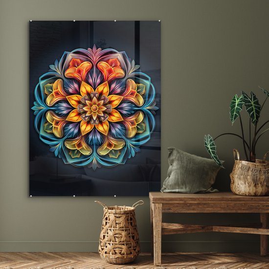 MuchoWow® Tableau sur verre 90x120 cm - Tableau sur verre acrylique - Mandala - Lumière - Couleurs - Zwart - Fleurs - Photo sur verre - Décoration murale salon - Décoration murale chambre - Peintures