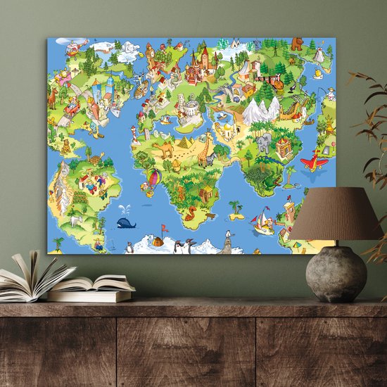 Aluminium schilderij 80x60 cm - Wanddecoratie metaal - Wereldkaart - Kinderen - Natuur - Dieren - Blauw - Groen - Metalen muurdecoratie woonkamer - Decoratie industrieel - Foto op dibond - Industriële accessoires slaapkamer