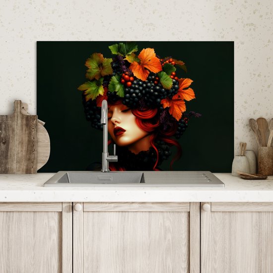 Crédence de Cuisinière en Aluminium 70x50 cm - Femme - Rouge - Vert - Raisins - Écran Pare-éclaboussures pour Plaque de Cuisson - Protection Murale