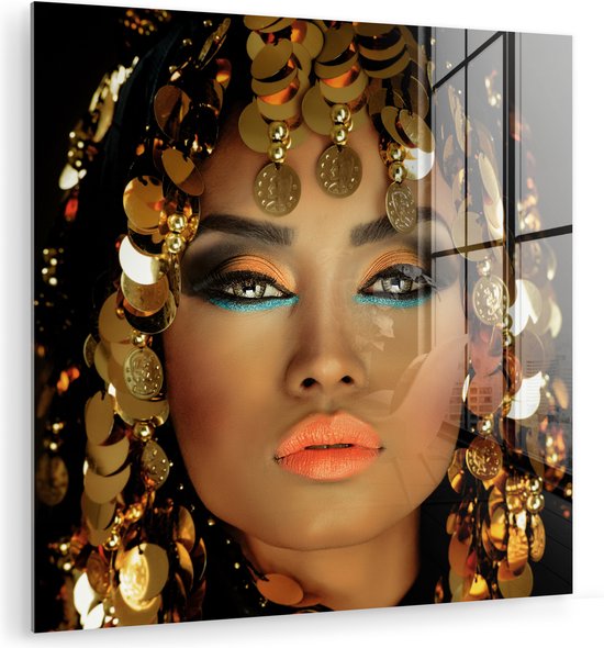 MuchoWow® Peinture sur Verre - Femme - Cléopâtre - Or - Bijoux - Maquillage - Luxe - 90x90 cm - Peintures sur Verre Peintures - Photo sur Glas