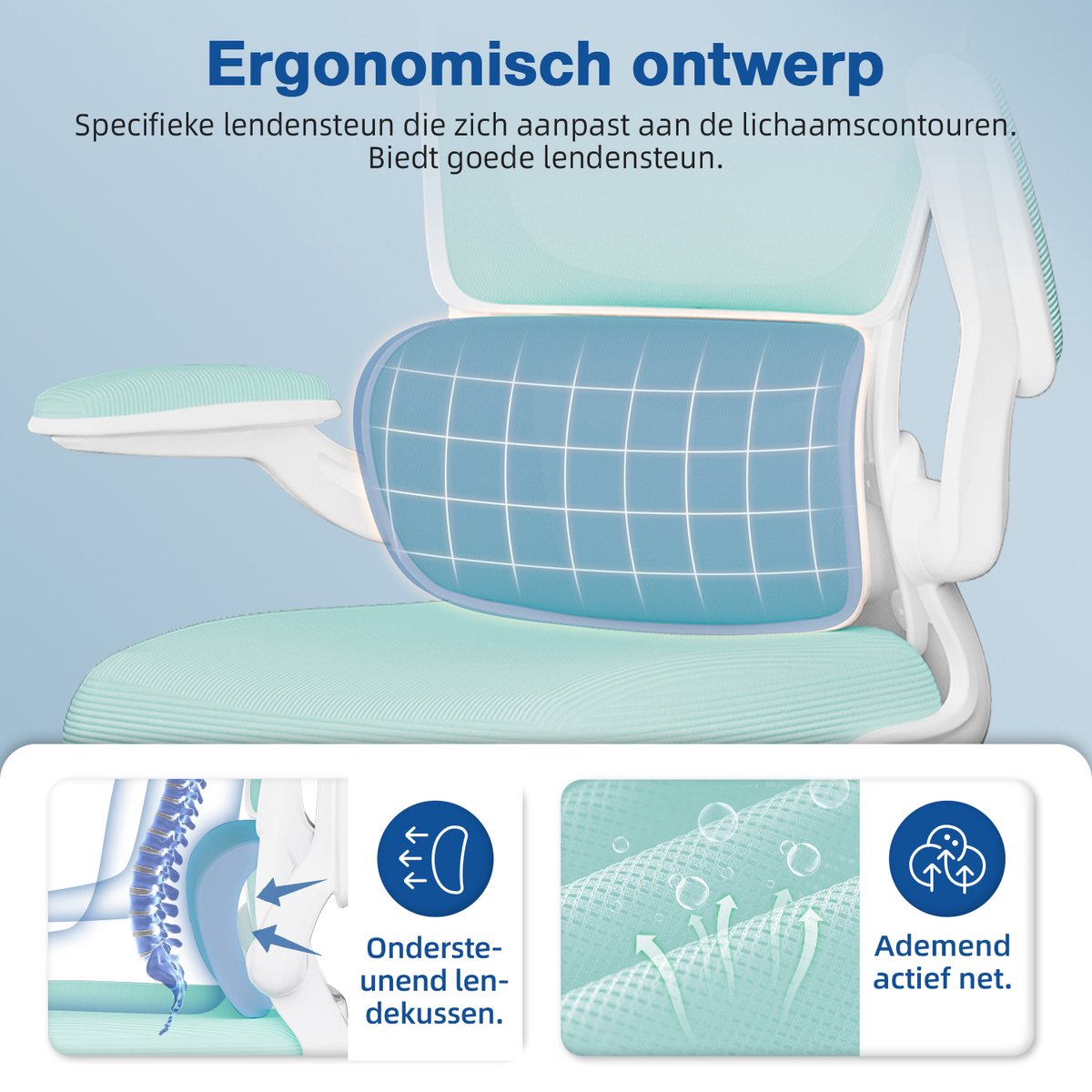 Elekiatech Ergonomische Bureaustoel - Bureaustoel met Opklapbare Armleuningen - Bureaustoelen voor Volwassenen - 150 Kg - Blauwgroen thumbnail 5