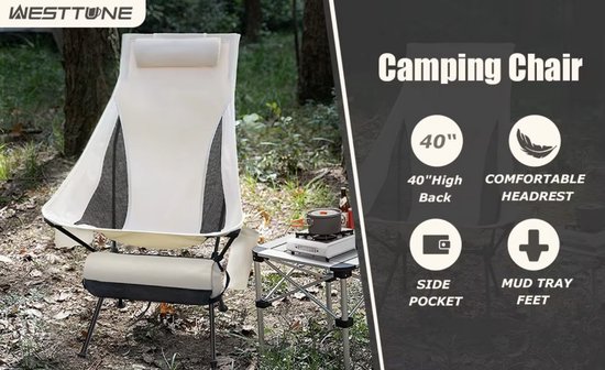 Draagbare Opvouwbare Luxe Campingstoel - Met Hoofdsteun - Lichtgewicht - Aluminium Visstoel - Inklapbare Campingstoel - Outdoor Stoel - Kampeerstoel - Luxe Kampeeruitrusting - Ergonomische Campingstoel - Waterproof - Beige van Merkloos — afbeelding 4