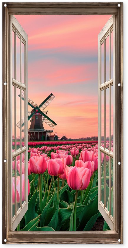 Tuinposter - Doorkijk - Tulpen - Bloemen - Molen - Raam Tuinposter - Doorkijk - Tulpen - Bloemen - Molen - Raam