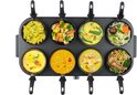 Zwart gourmetstel met 8 gevulde wokpannetjes: pasta, groenten, curry, garnalen, noedels.