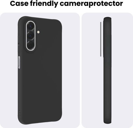 Zwarte telefoon met een hoesje en een close-up van de zijkant.