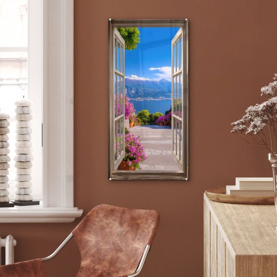 MuchoWow® Glasschilderij 40x80 cm - Schilderij acrylglas - Doorkijk - Berg - Landschap - Uitzicht - Meer - Foto op glas - Muurdecoratie woonkamer - Wanddecoratie slaapkamer - Schilderijen