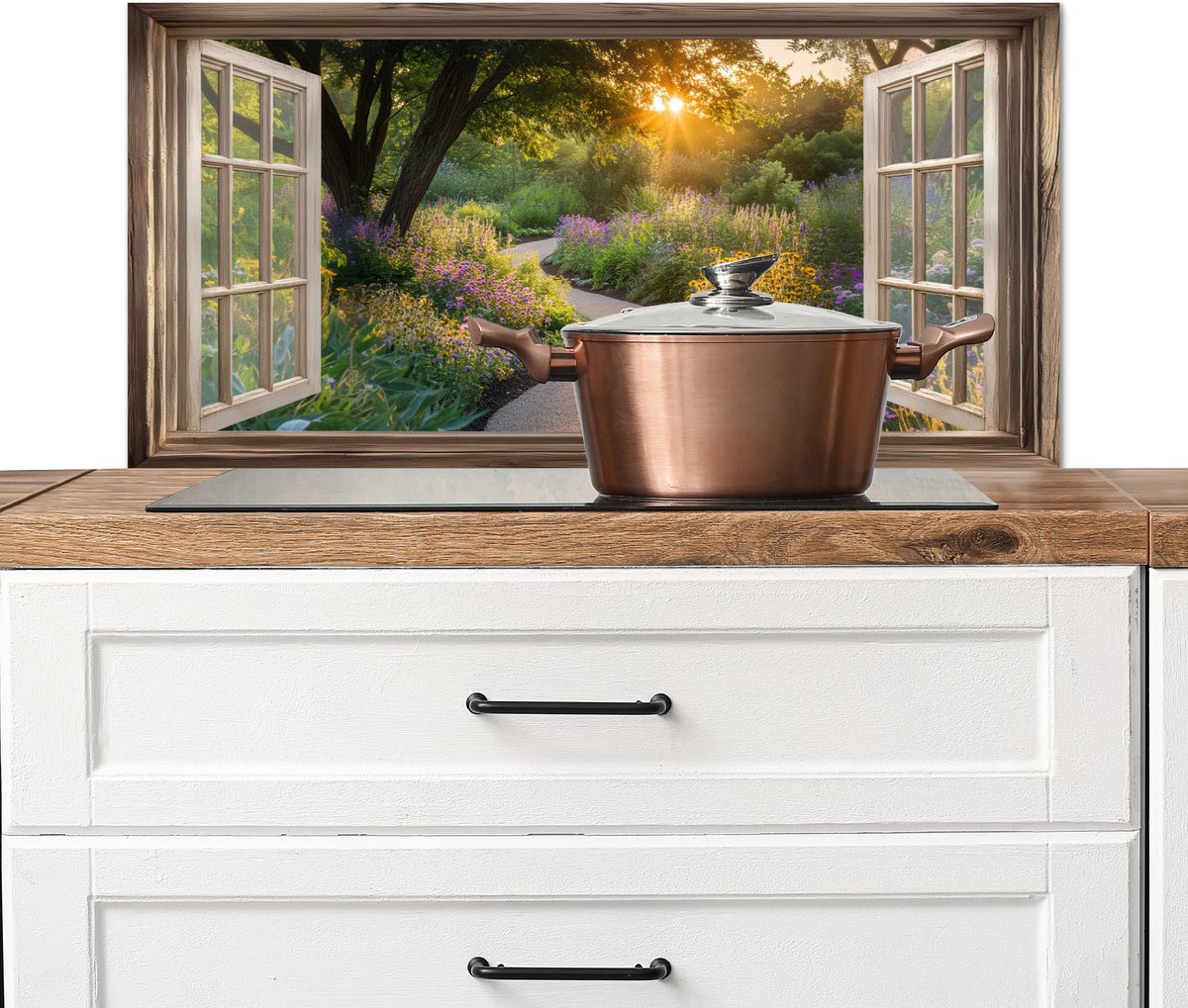 Spatscherm keuken 90x45 cm - Kookplaat achterwand Doorkijk - Bloemen - Natuur - Zon - Pad - Muurbeschermer - Spatwand fornuis - Hoogwaardig aluminium