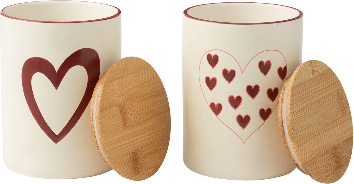 J-Line voorraadpot - porselein - wit/rood - large - 2 stuks