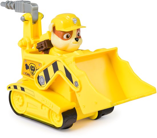 Gele Paw Patrol bulldozer speelgoed met Rubble figuur, met beweegbare boor.