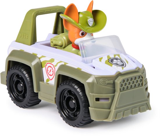 Witte terreinwagen met camouflageprint en groene accenten. Hond met safarihoed zit erin.