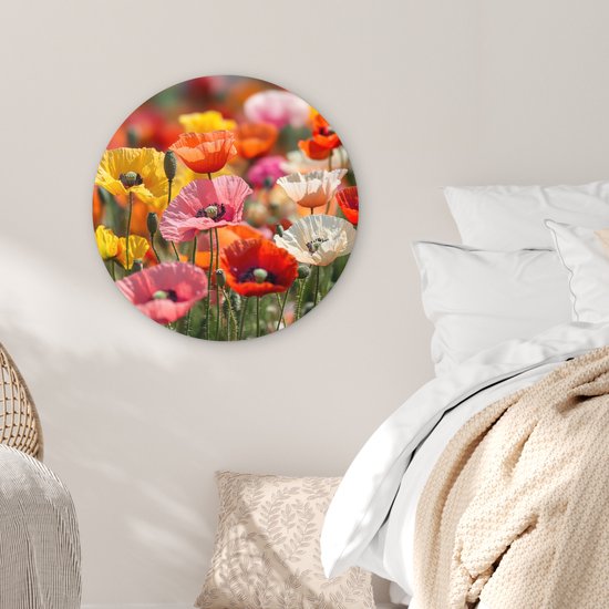 WallCircle® Wandcirkel 60x60 cm - Muurcirkel Bloemenveld - Klaprozen - Kleurrijk - Muurdecoratie woonkamer - Wanddecoratie slaapkamer - Kamer decoratie accessoires - Ronde schilderijen
