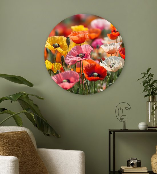 WallCircle® Wandcirkel 60x60 cm - Muurcirkel Bloemenveld - Klaprozen - Kleurrijk - Muurdecoratie woonkamer - Wanddecoratie slaapkamer - Kamer decoratie accessoires - Ronde schilderijen