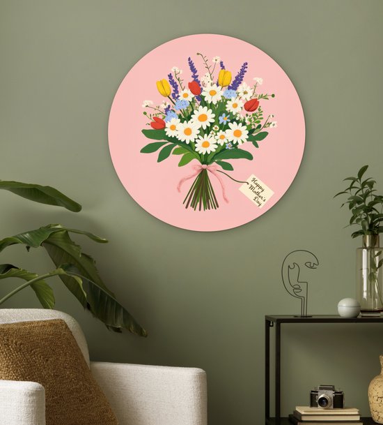 WallCircle® Wandcirkel 60x60 cm - Muurcirkel Bloemen - Lint - Kaartje - Muurdecoratie woonkamer - Wanddecoratie slaapkamer - Kamer decoratie accessoires - Ronde schilderijen