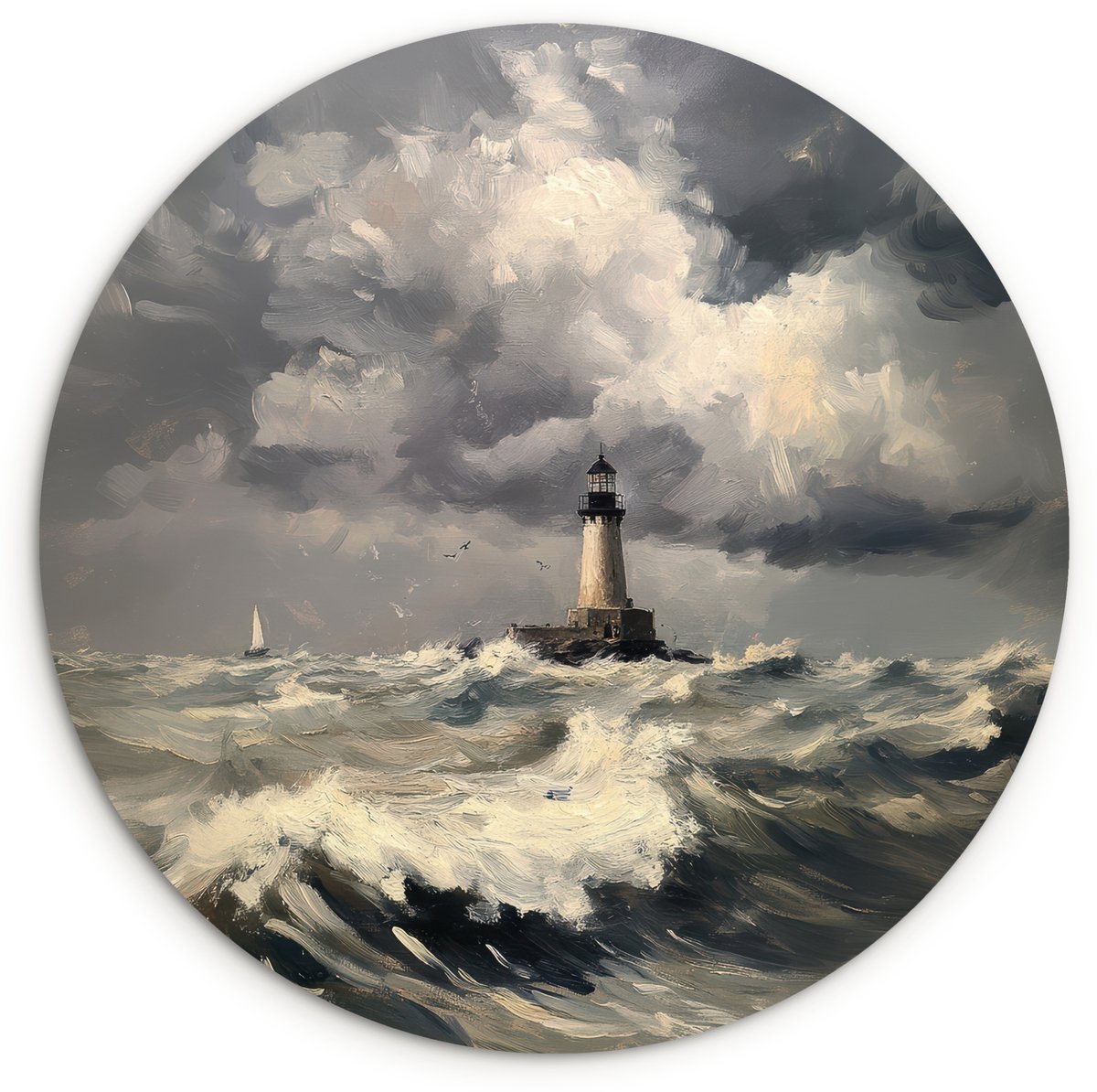WallCircle Wandcirkel 150x150 cm - Muurcirkel Vuurtoren - Golven - Storm - Muurdecoratie woonkamer - Wanddecoratie slaapkamer - Kamer decoratie accessoires - Ronde schilderijen