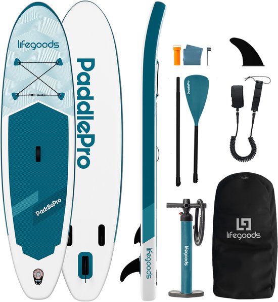 LifeGoods SUP Board Allround Compact - 100 KG Draagkracht - 300 x 76 cm - Opblaasbaar - Compleet SUP pakket - Wit/Deep Aqua