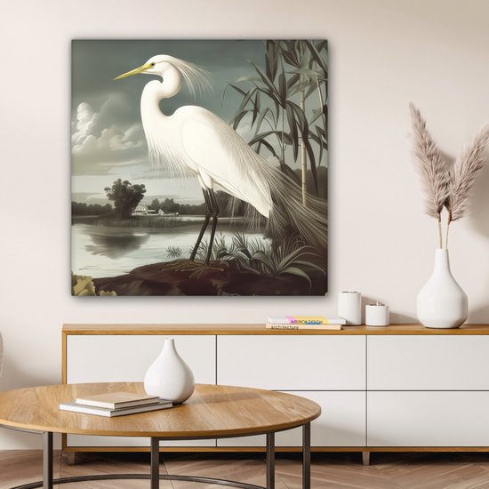 Tableau sur toile 90x90 cm - Décoration murale Héron - Plantes - Nuages ​​- Wit - Décoration murale salon - Décoration chambre - Accessoires chambre - Peintures sur toile
