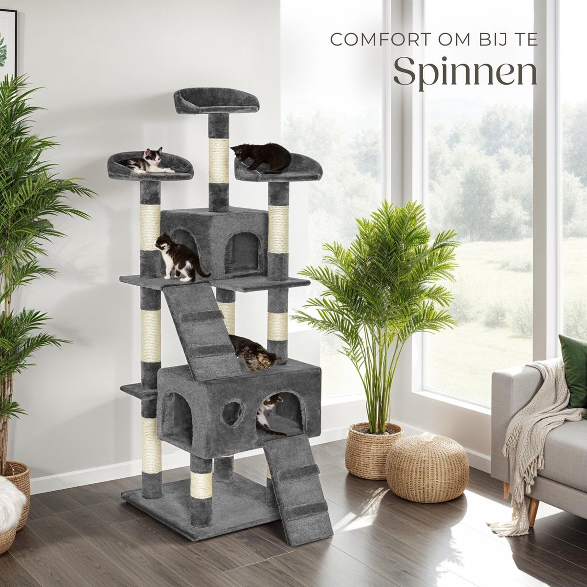 tectake® Kattenkrabpaal groot - Kattenboom met 3x sisal krabpaal en kattenaccessoires- 3x ligplaats en 1x kattenhuisje, 2x kattentrap - Middelhoog voor katten, kittens en katers - 170cm hoog - Grijs thumbnail 7