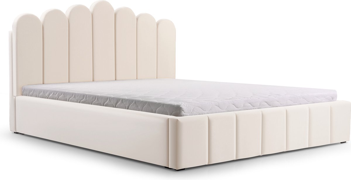 Tweepersoonsbed met fluwelen bekleding, met hoofdeinde, lattenbodem, bed voor volwassenen - BED 03 - 180x200 - Licht beige (TRINITY 1)