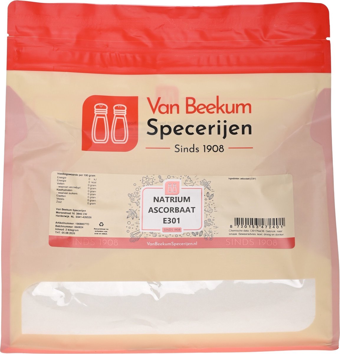 Goedkoopste Van Beekum Specerijen - Natrium Ascorbaat (vitamine C poeder) E301 - 2 KG (hersluitbare stazak
