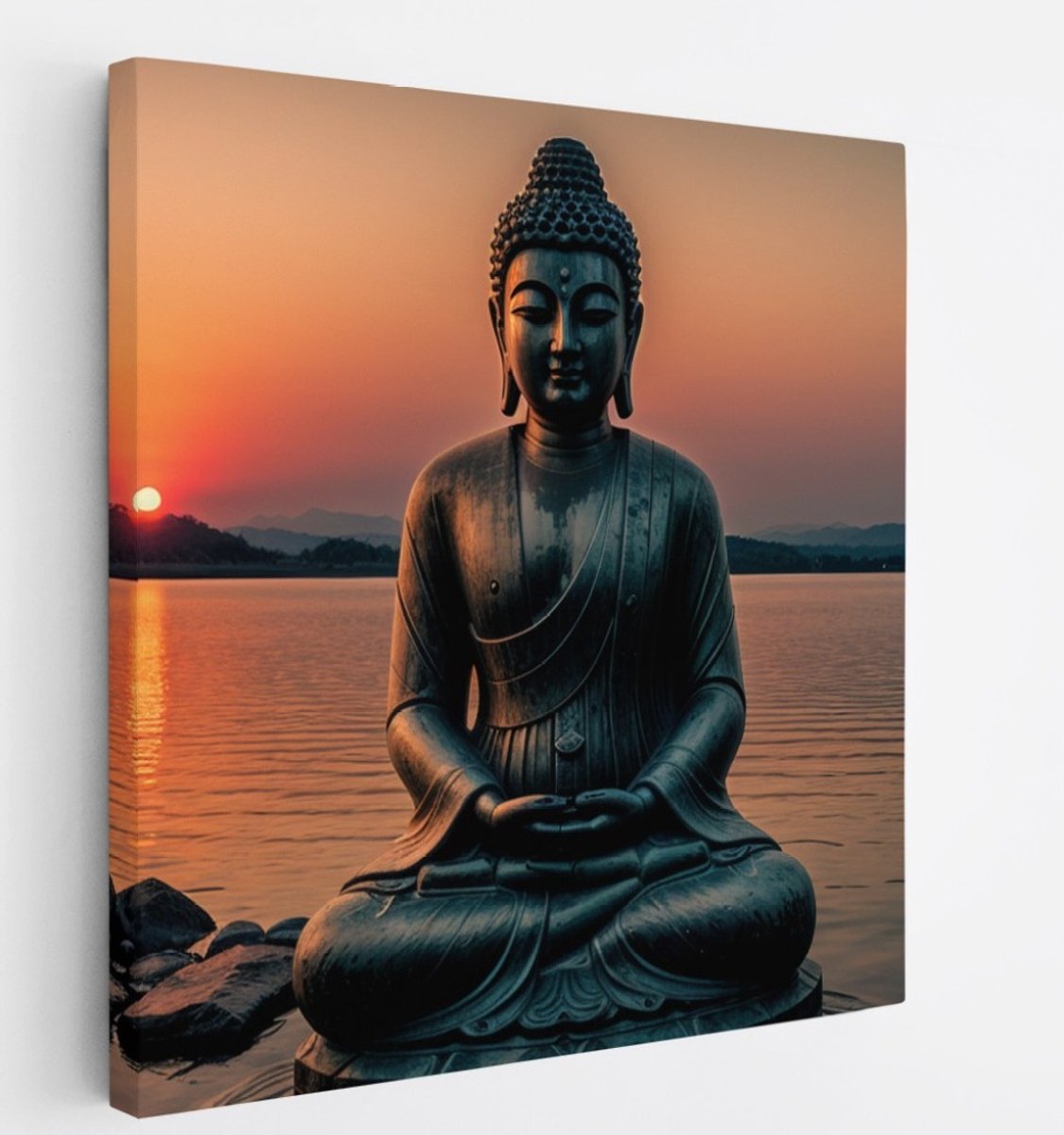 Saammp Canvas Schilderij - Boeddha bij het water tijdens Zonsondergang - 100x100 - Foto op canvas - Wanddecoratie - Muurdecoratie Woonkamer - Canvas schilderijen Multicolor