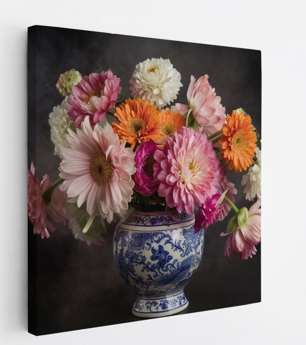 Saammp Canvas Schilderij - Kleurrijke Bloemen in mooie vaas - Natuur - 60x60 - Foto op canvas - Wanddecoratie - Muurdecoratie Woonkamer - Kantoor Decoratie Multicolor