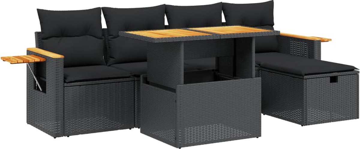 Zwarte poly rattan loungeset met kussens voor tuinmeubels - The Living Store.