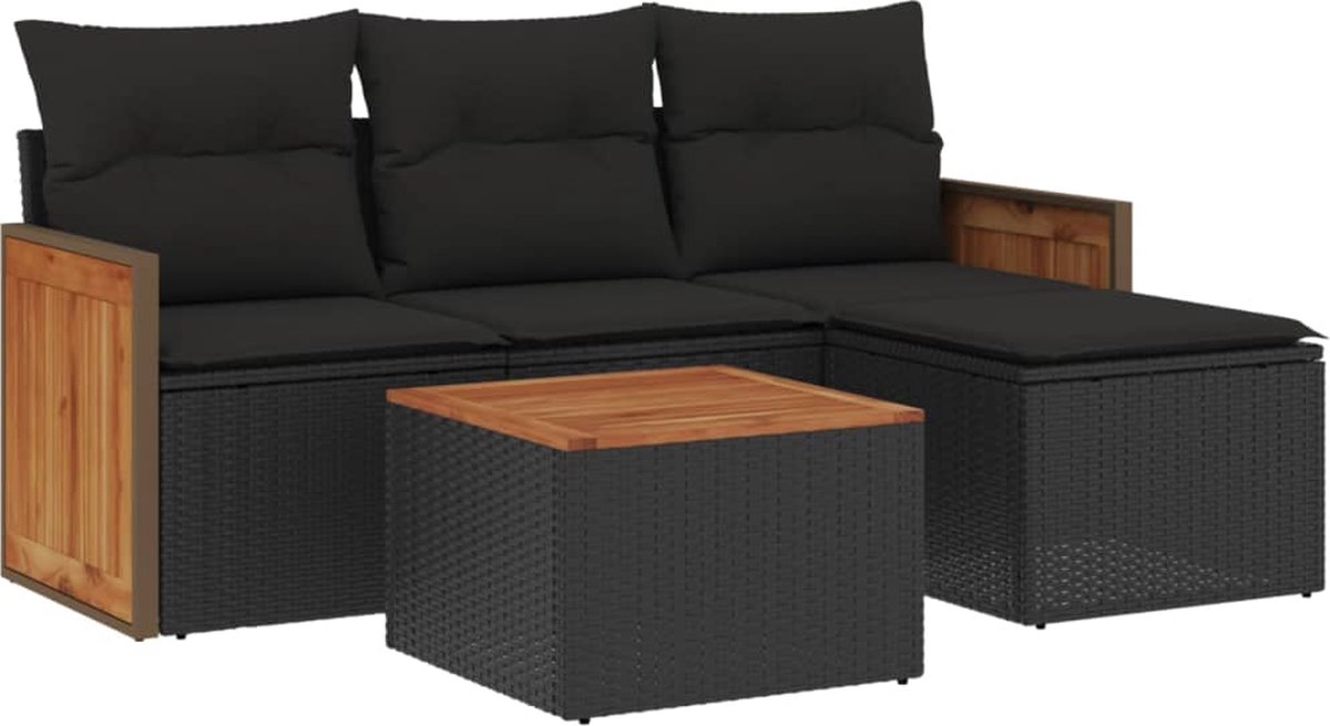 The Living Store 5-delige Loungeset met kussens poly rattan zwart - Loungeset - Lounge Set - Buitendecoratie - Tuinmeubels - Outdoor Furniture