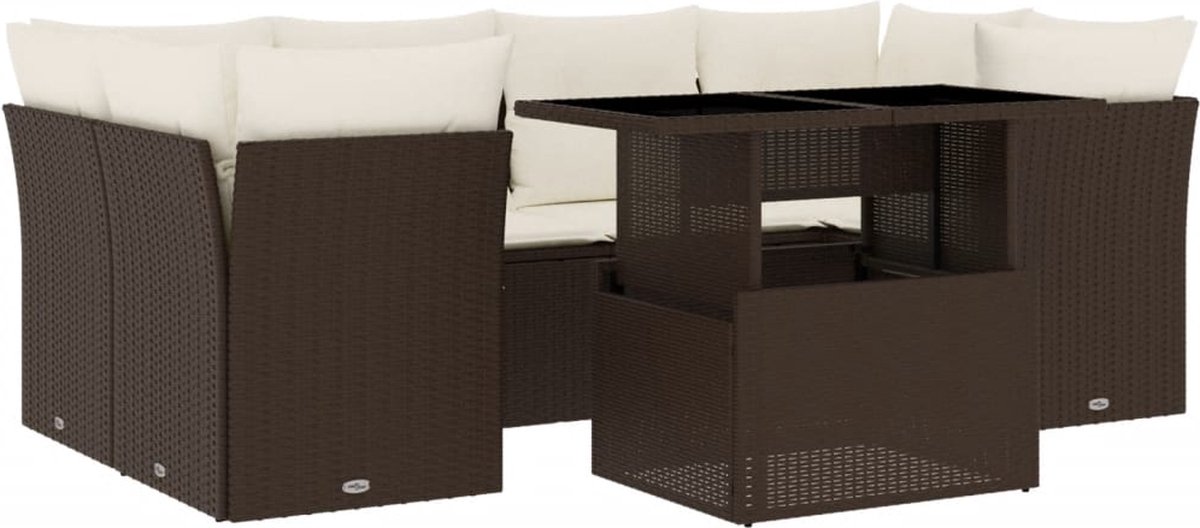 The Living Store 7-delige Loungeset met kussens poly rattan bruin - Tuinmeubels - Lounge Set - PE-rattan - Buitendecoratie - Outdoor Furniture