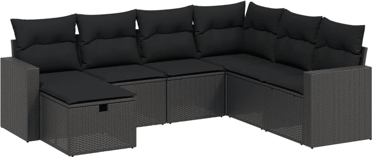 Zwarte poly rattan loungeset met kussens voor buiten - The Living Store.