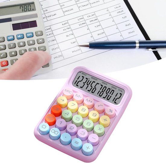 12-cijferige rekenmachine met knoppen en LCD-scherm, standaard mechanische schakelaar, antislip, verwijderbare toetsenkappen for kantoor-, school- en thuisgebruik (melktheekleur