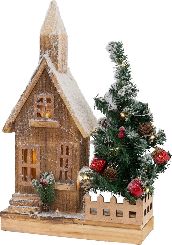 Decoratief kersthuisje bedekt met sneeuw met LED-verlichting 44 x 27 cm gemaakt van hout