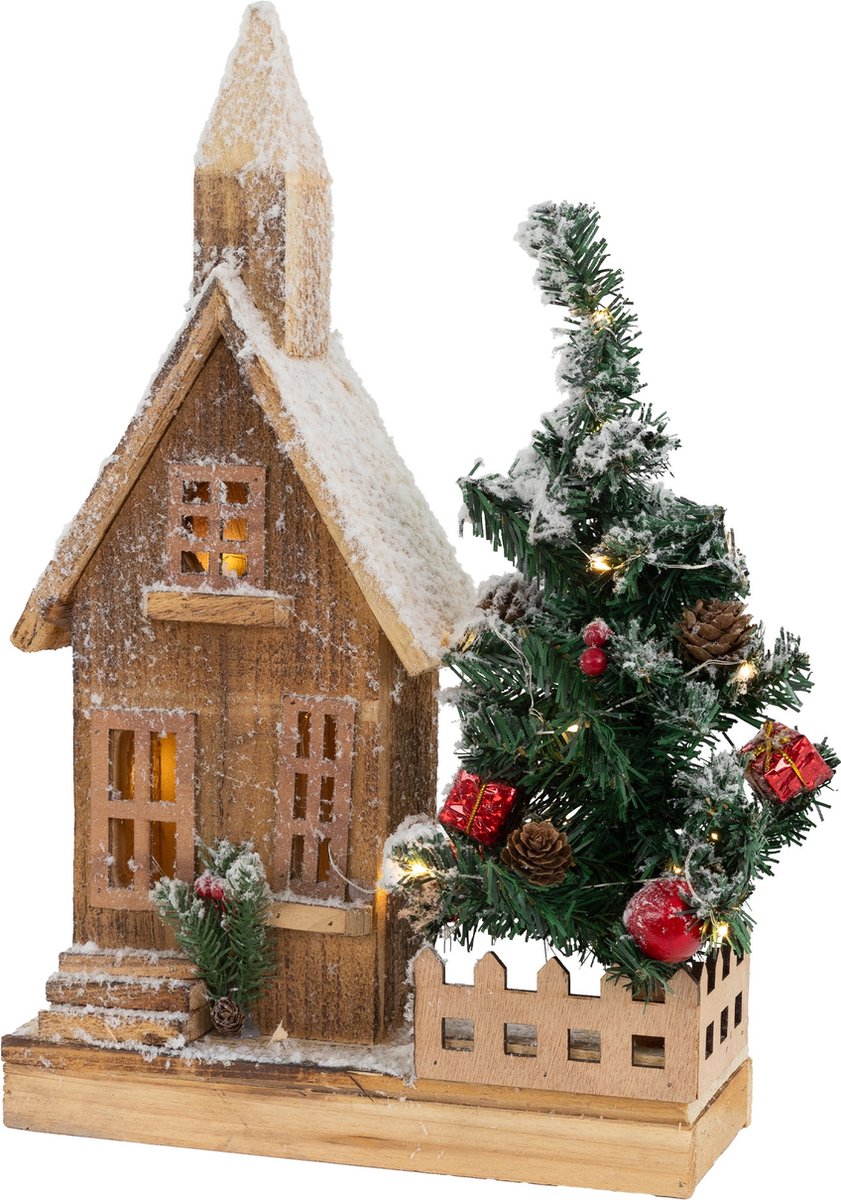 Decoratief kersthuisje bedekt met sneeuw met LED-verlichting 44 x 27 cm gemaakt van hout