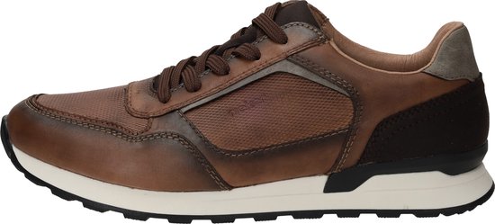 Zijaanzicht van bruine leren Rieker sneaker met witte zool en donkerbruine en grijze details.