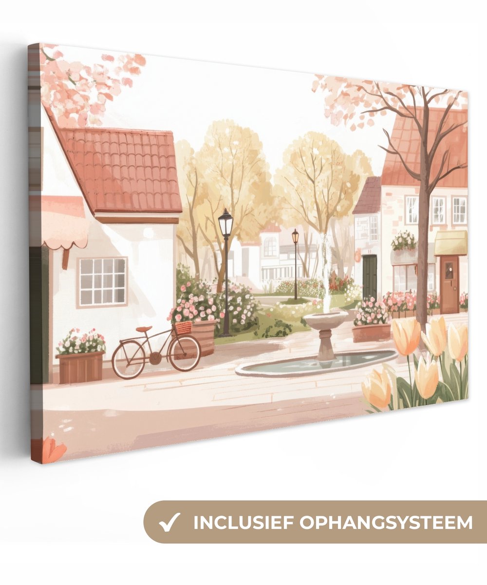 Canvas schilderij 150x100 cm - Exclusieve wanddecoratie Dorpsplein - Fontein - Tulpen - Mu