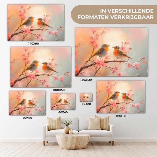 Tableau sur toile 120x80 cm - Décoration murale Rouge-gorges - Gracieux - Branche fleurie - Décoration murale salon - Décoration chambre - Accessoires chambre - Peintures sur toile