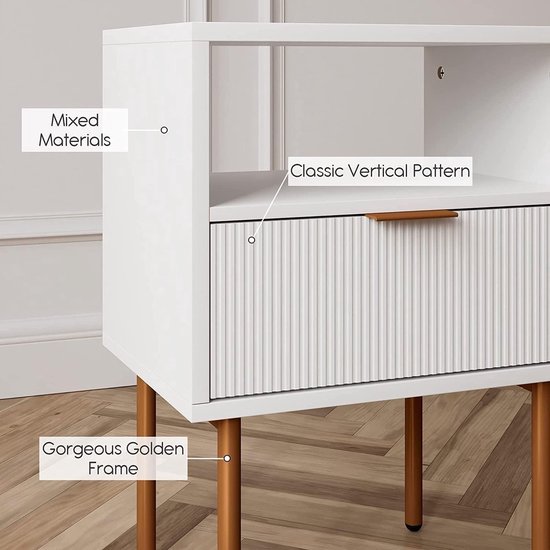 HEYZOEY Modern Nachtkastje, 1 Open Planken en 1 Lade, Voor Woonkamer en Slaapkamer, Zwart en Goud