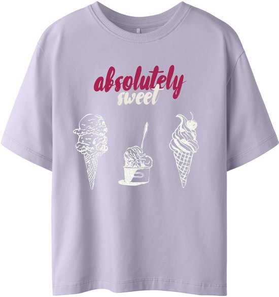 Lichtpaarse meisjes T-shirt met opdruk van drie ijshoorntjes en tekst 'absolutely sweet'.