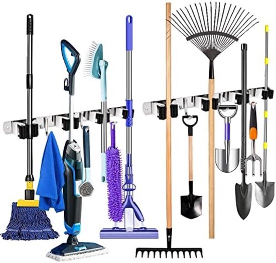 HOMEASY Bezemhouder, 4 Stuks, Bezemhouders Zelfklevend Roestvrij Staal Zonder Boren, Mophouder Apparaathouder Met Haken Voor Keuken, Badkamer, Tuin, Balkon - Zilver