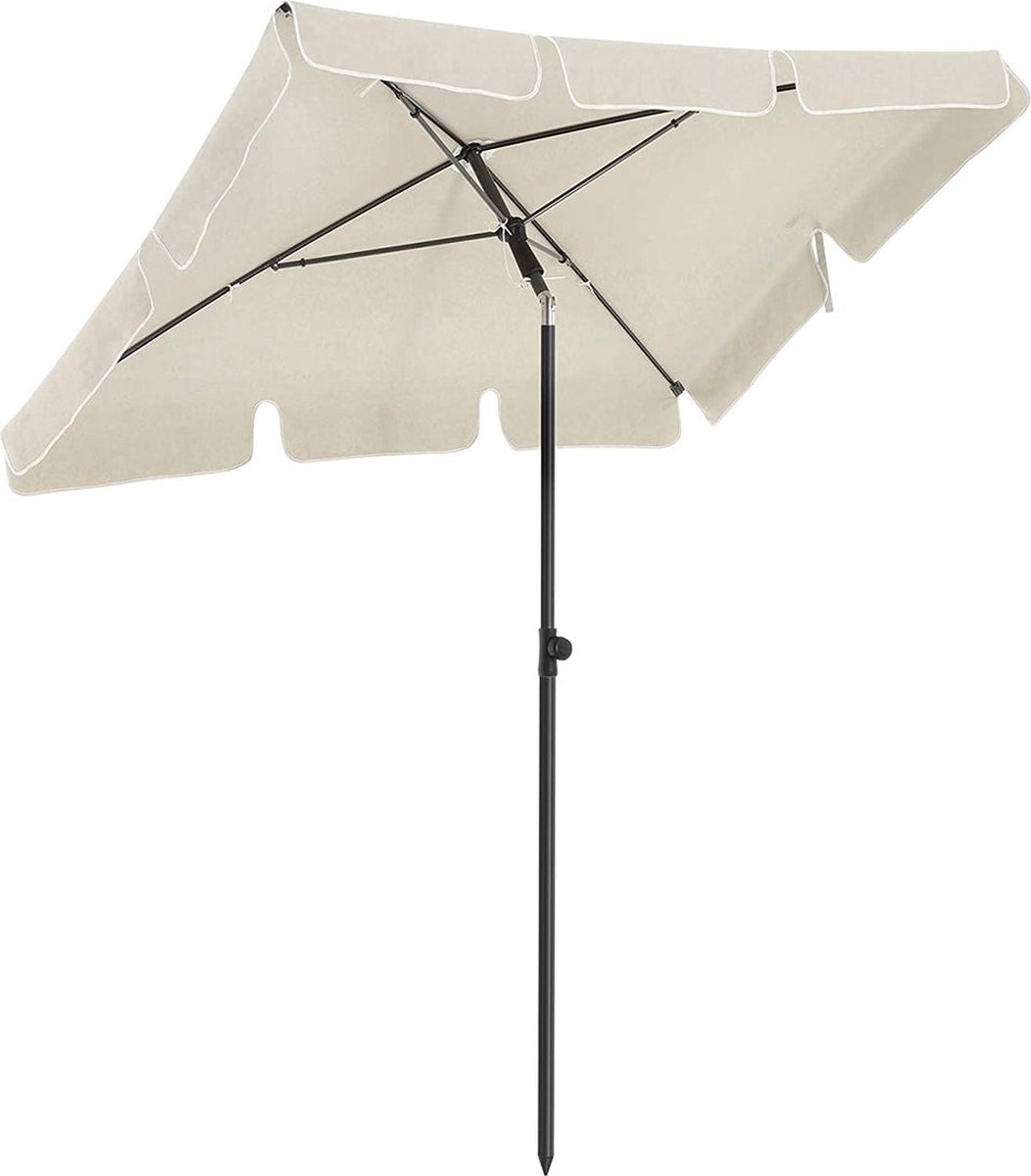 Adjustable grey parasol with UPF 50+ protection, 1.8 x 1.25m size, powder-coated steel frame, showing tilt and height settings.