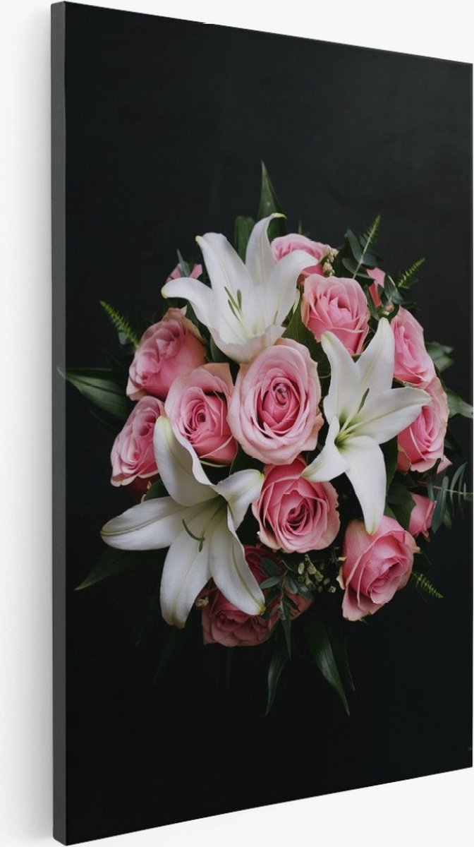 Saammp Canvas Schilderij - Roze Rozen met grote witte bloemen - Abstract - 40x60 - Foto op canvas - Wanddecoratie - Muurdecoratie Woonkamer - Kantoor Decoratie Multicolor